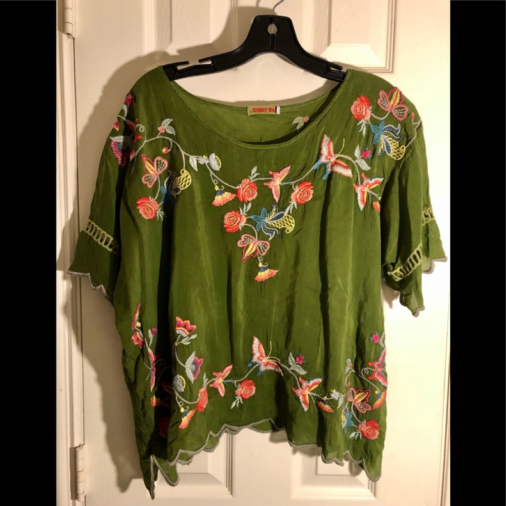 Johnny Was Olive Green Embroidered Flutter Sleeve Blouse